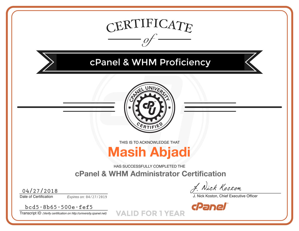 Masih Abjadi's cPanel & WHM Administrator Certificate